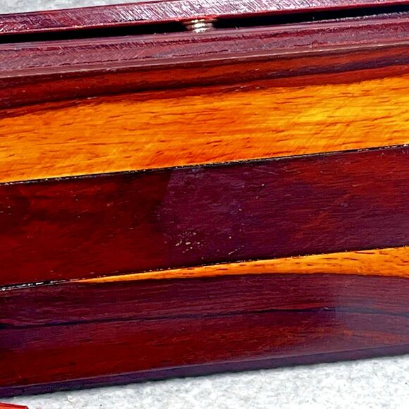 Vintage 70s Wooden Slat Shoulder Bag Small Size Two Tone Lined Snap Button Boho - Picture 14 of 15